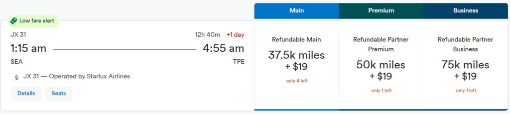 Alaska miles prices for a Seattle to Taipei fight on Starlux Airlines