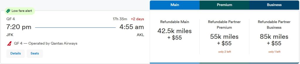 Alaska Airlines miles prices for a flight from New York to Auckland, New Zealand.