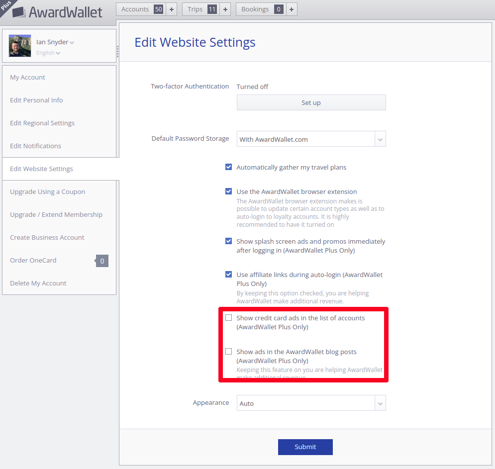 Screenshot of AwardWallet website showing user account settings with the option to remove ads from the AwardWallet Blog boxed in red