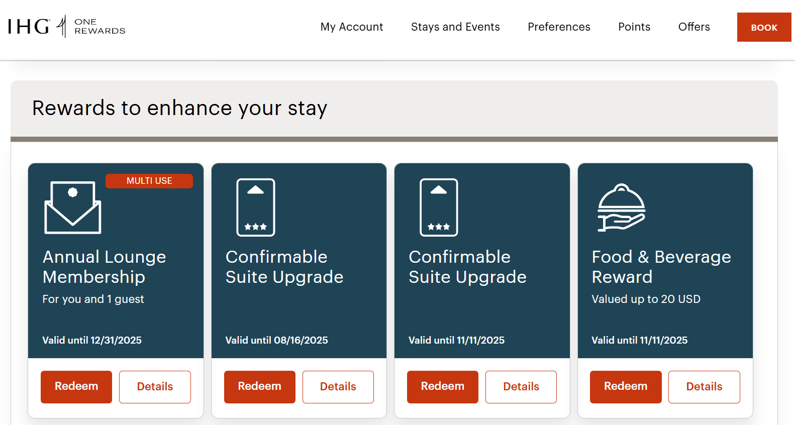 IHG milestone reward options