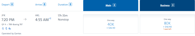 A screen shot shows a flight option from JFK to AKL on Quantas
