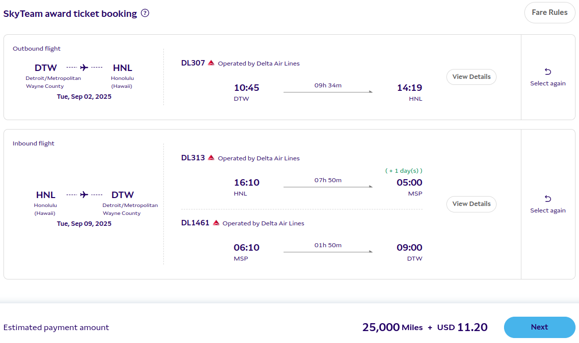 Screenshot showing Delta economy class to Hawaii for 25,000 Korean SKYPASS miles round-trip
