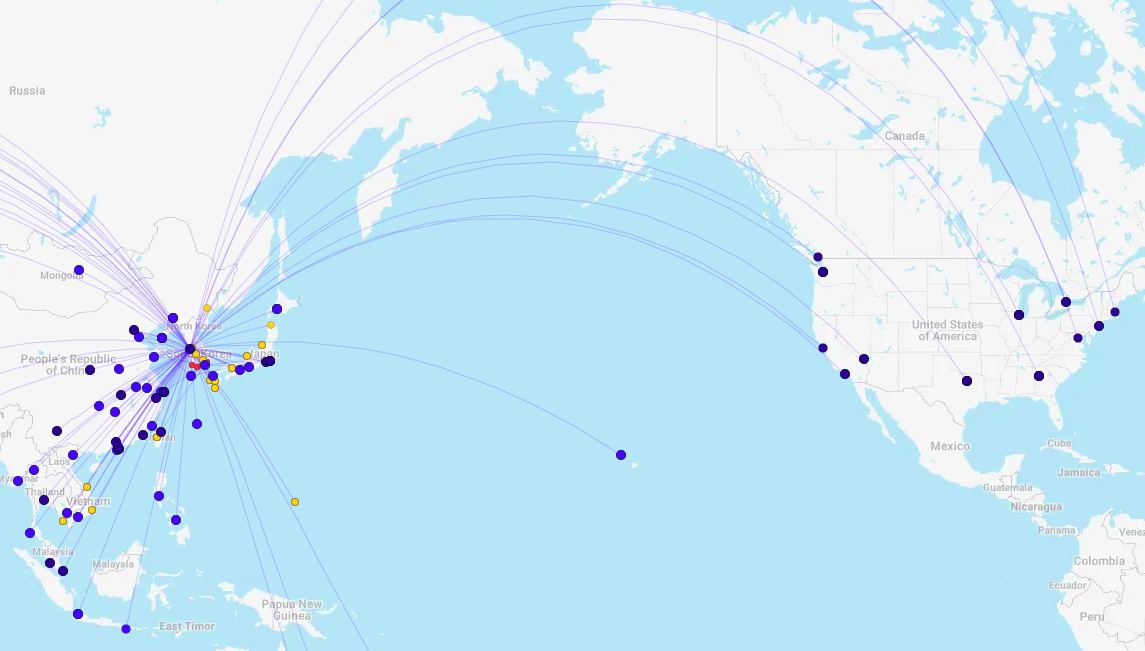 map of Korean Air destinations