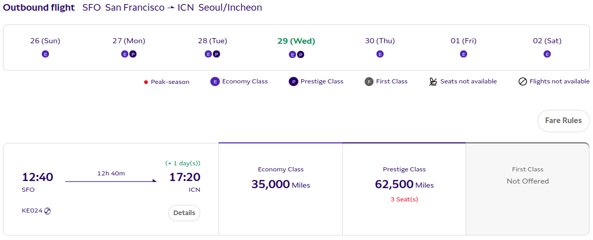 Korean Air SKYPASS LAX-ICN award availbility