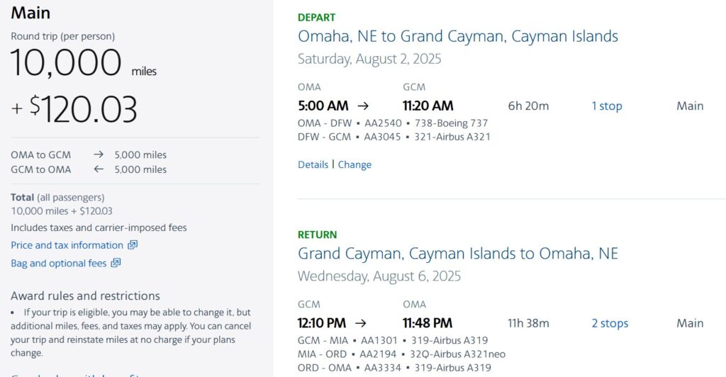 Omaha to Grand Cayman round trip on American.