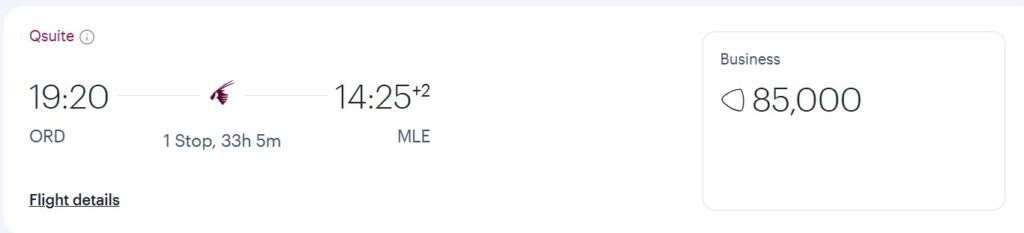 Booking QSuites to the Maldives with 85,000 Bilt Points.