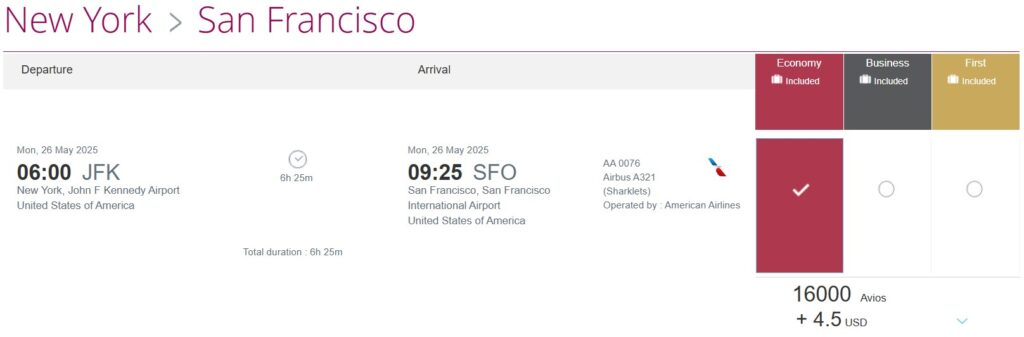JFK- SFO for 16,000 Bilt Points.
