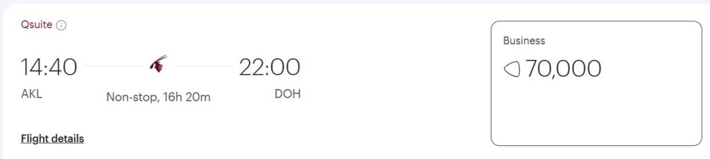 Auckland to Doha for 70,000 Bilt Points.