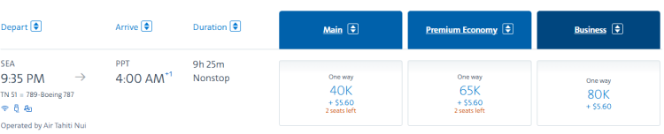 A flight option from SEA to PPT on AA miles