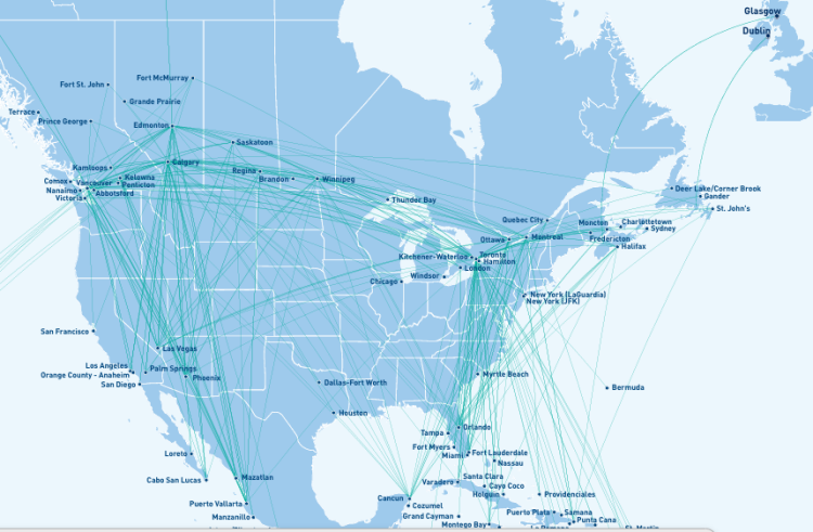 WestJet's extensive route map.