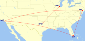 Map of domestic routes where American Airlines is flying lie-flat seats on its Boeing 787-8 aircraft in August 2025
