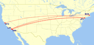 Map of all domestic routes where American Airlines is flying lie-flat seats in August 2025