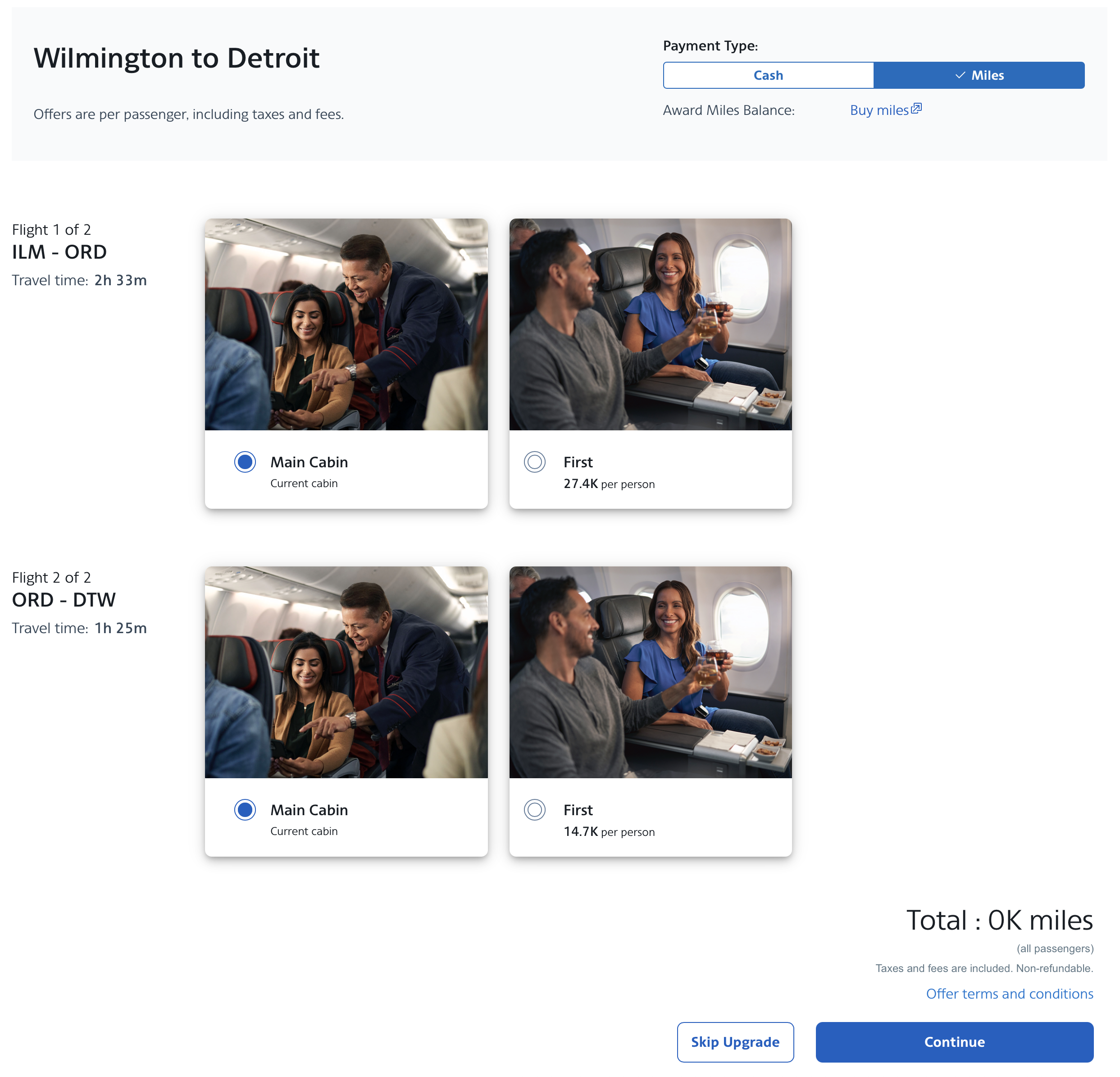 AA mileage upgrade offer from ILM to DTW via ORD.