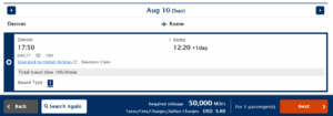 ANA award search result from Denver to Rome in United Polaris business class