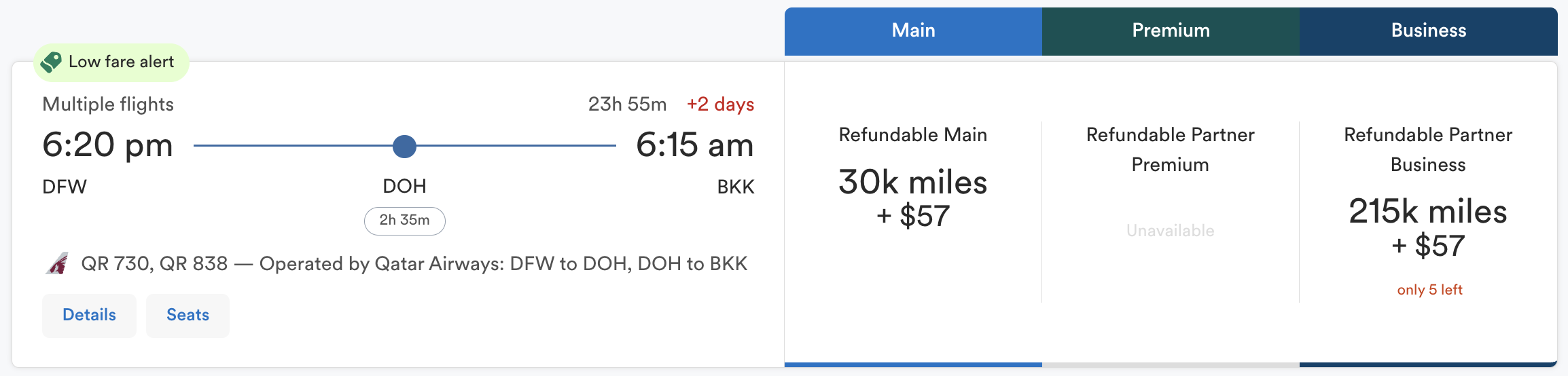 DFW to BKK via DOH available through Alaska Airlines.
