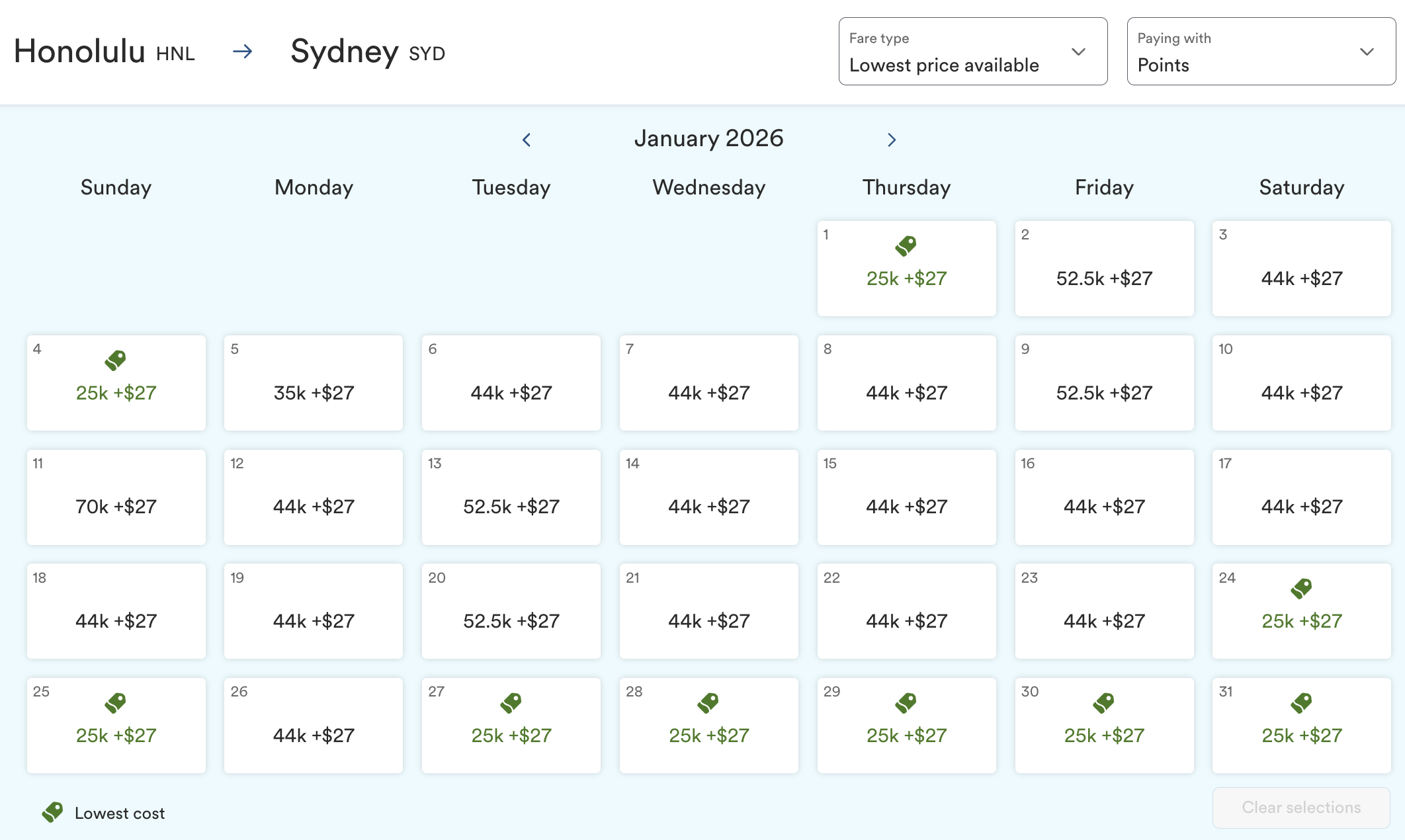 Award rates for HNL to SYD.