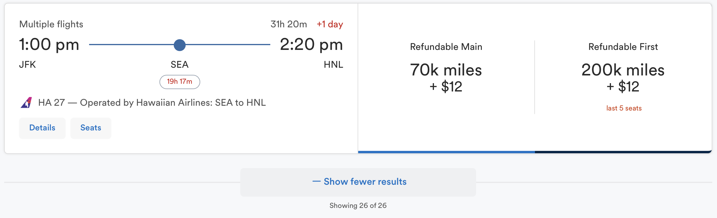 Mileage Plan flight results from JFK to HNL