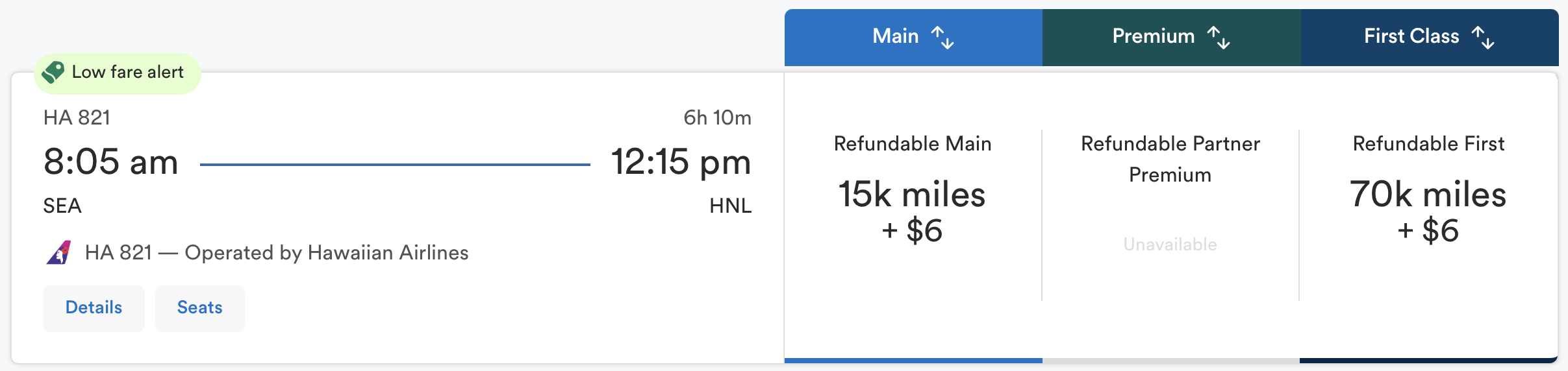 Mileage Plan flight results from SEA to HNL
