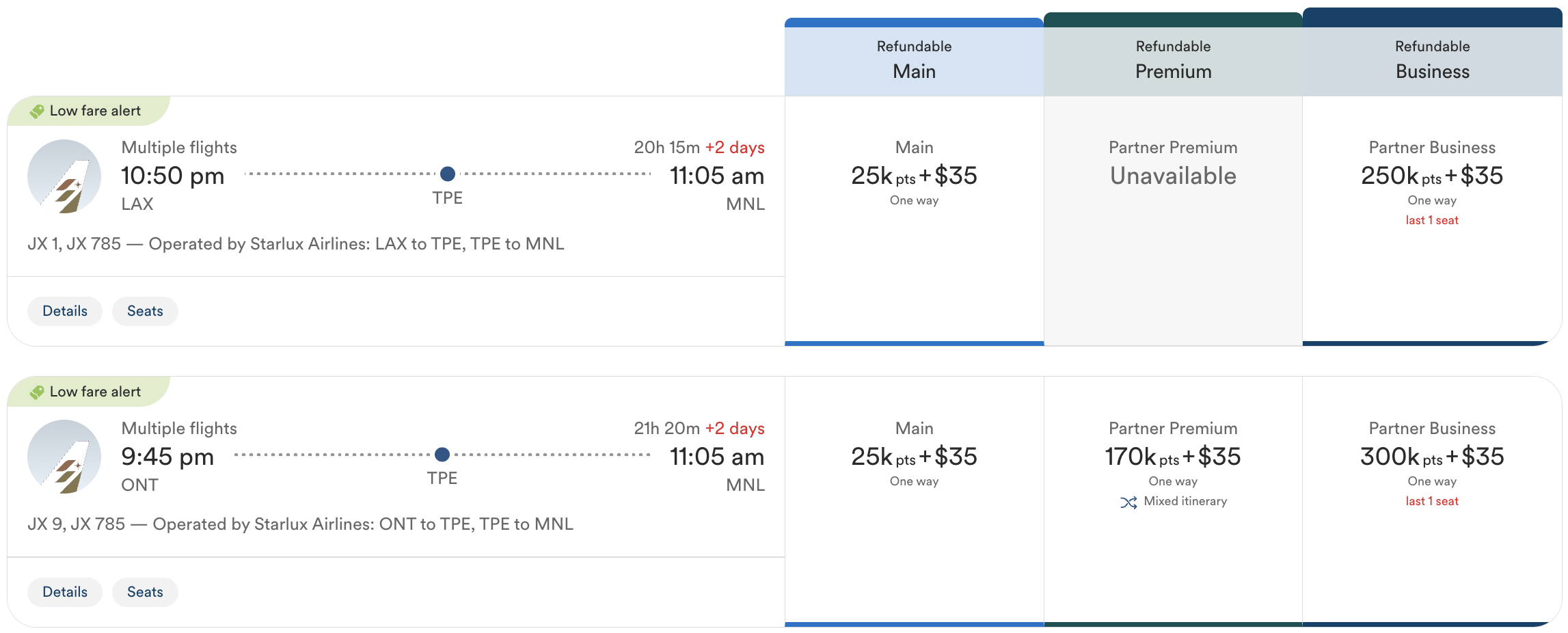 Atmos Rewards redemption on Starlux from LAX to MNL via TPE.