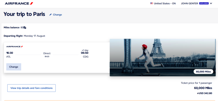 Flying Blue award search results from Atlanta to Paris