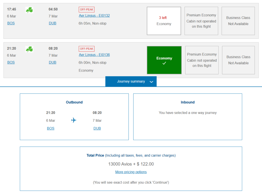 British Airways award search results for Aer Lingus award from Boston to Dublin