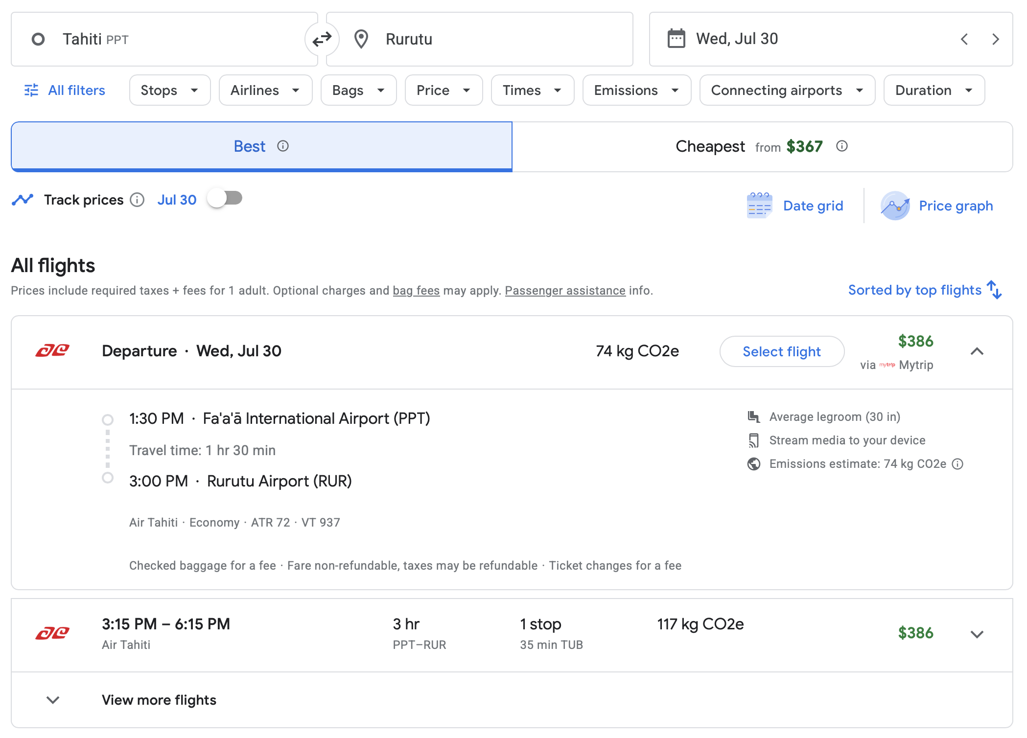 Air Tahiti flight results from PPT to RUR via Google Flights