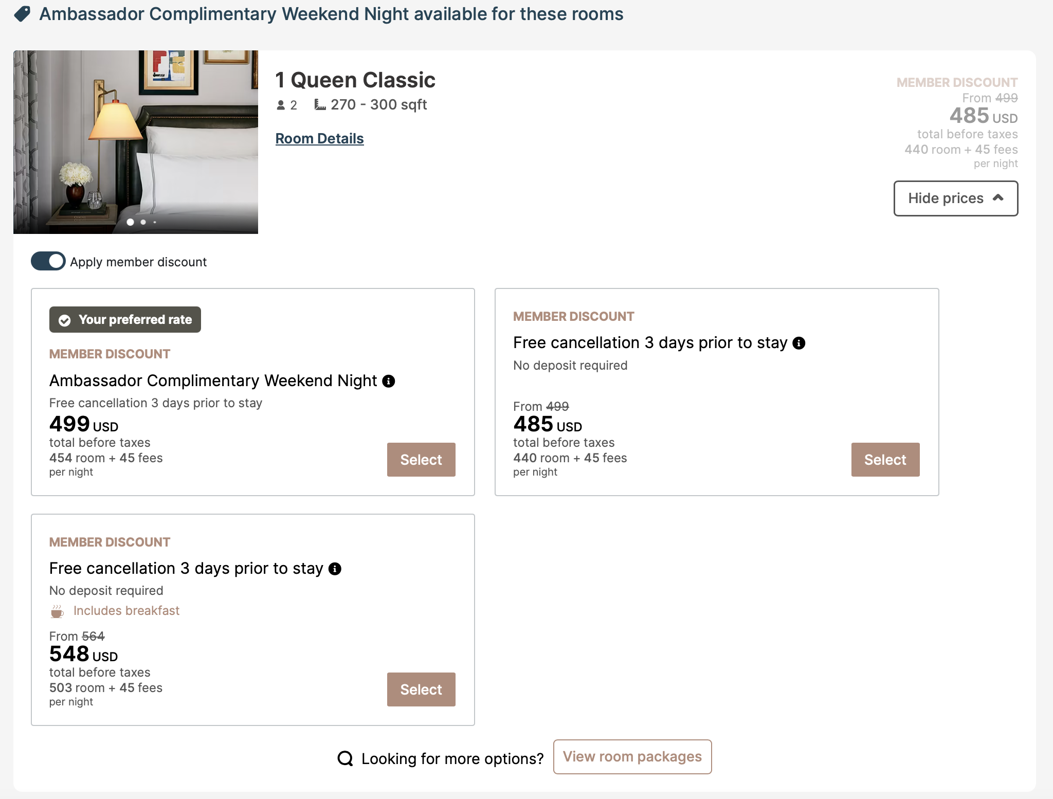 price for rooms available to book with the ambassador complimentary weekend night certificate