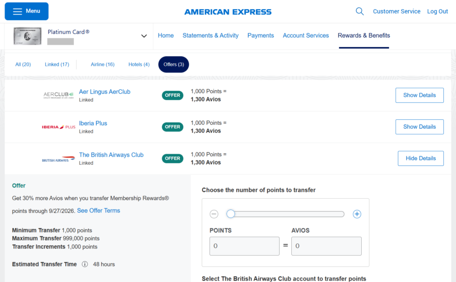 American Express Membership Rewards transfer bonus to three Avios airlines