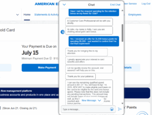 Screenshot of Amex chat with confirmation that cardmember has earned a retention offer