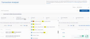 AwardWallet Transaction Analyzer with fee-related categories highlighted