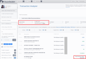 AwardWallet Transaction Analyzer showing total spending for the year