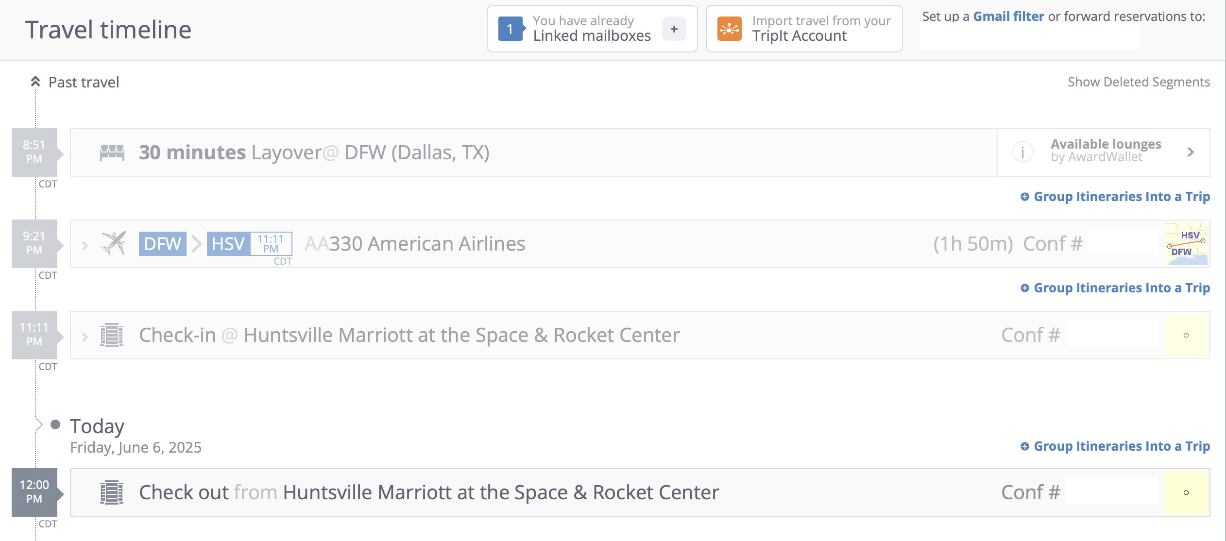 AwardWallet travel log