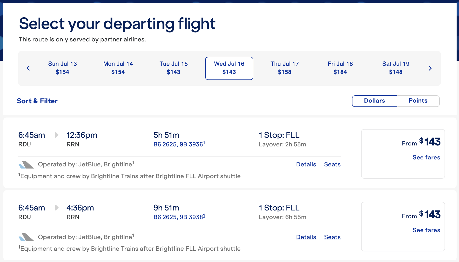 JetBlue/Brightline fare listings.