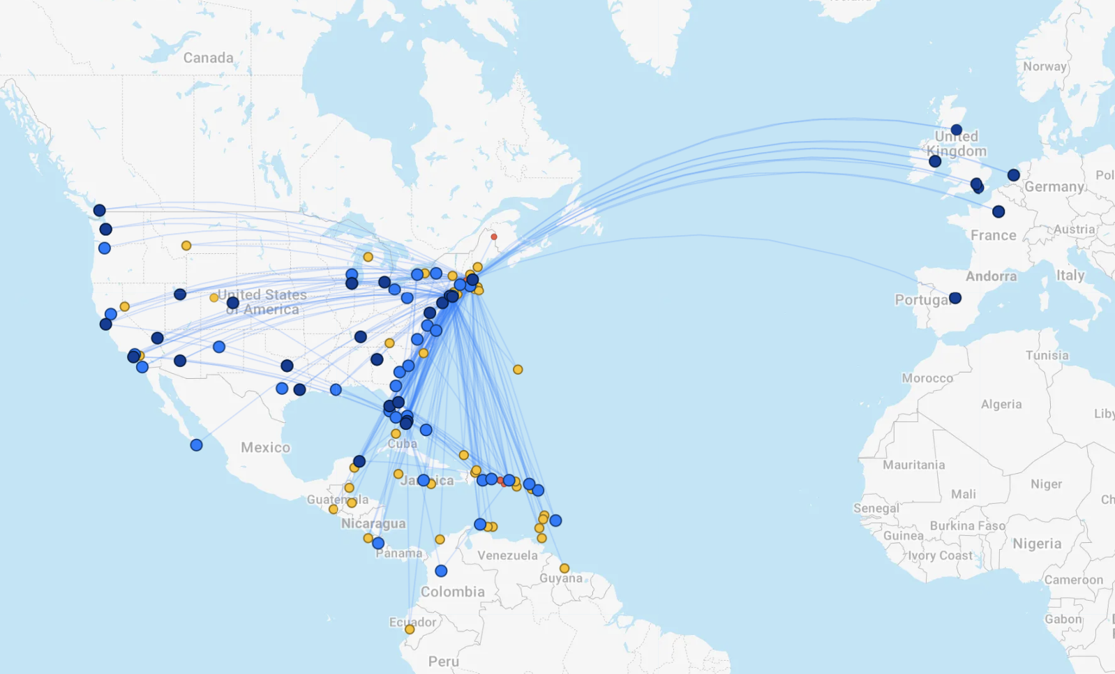 FlightConnections route map for JetBlue