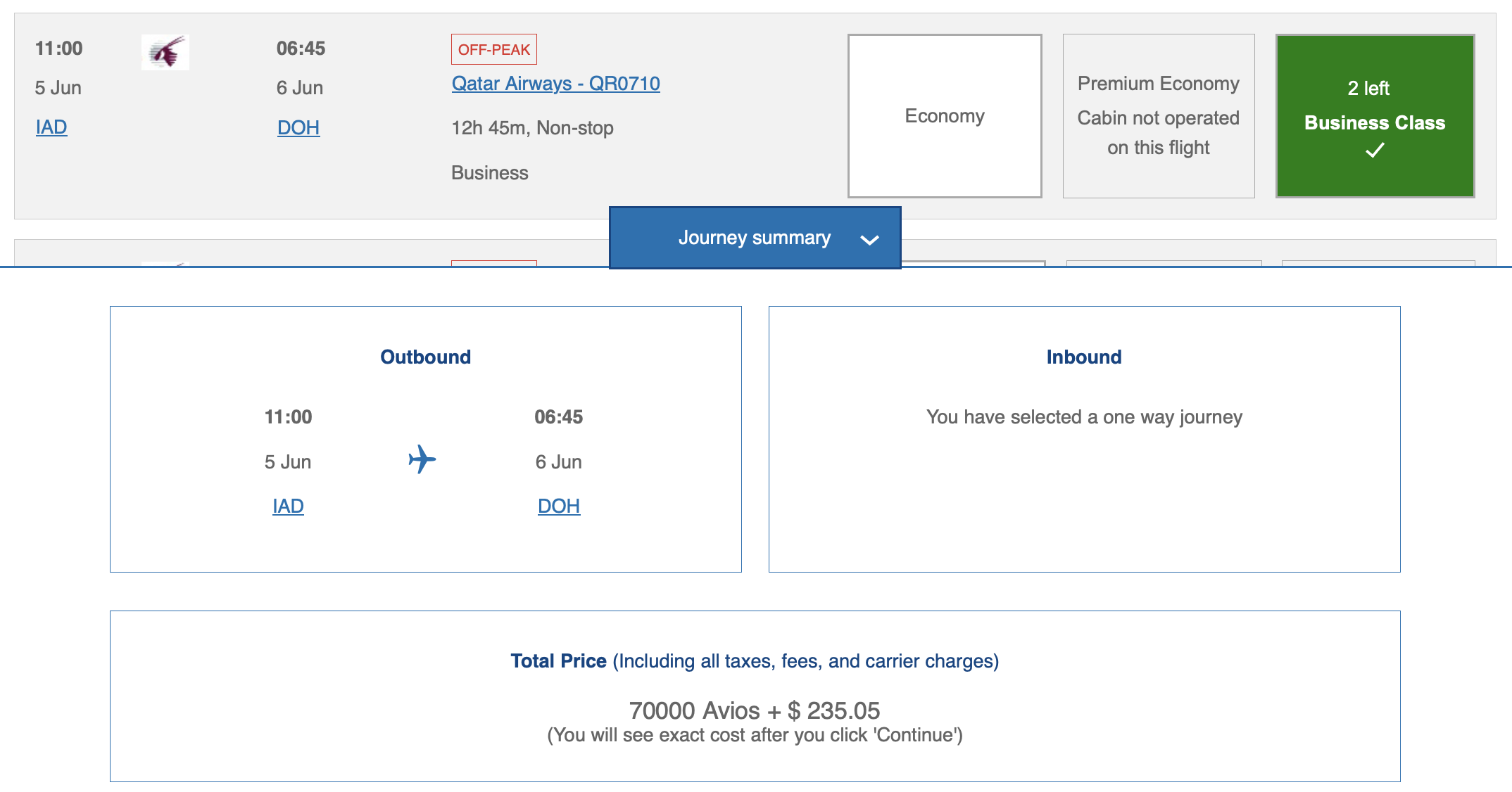 Qsuite award from IAD to DOH via British Airways