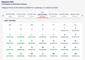 Flying Blue award calendar between Bogota and Amsterdam during Flying Blue Promo Rewards
