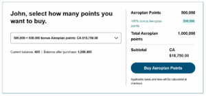 Aeroplan buy points checkout page showing 100% bonus points