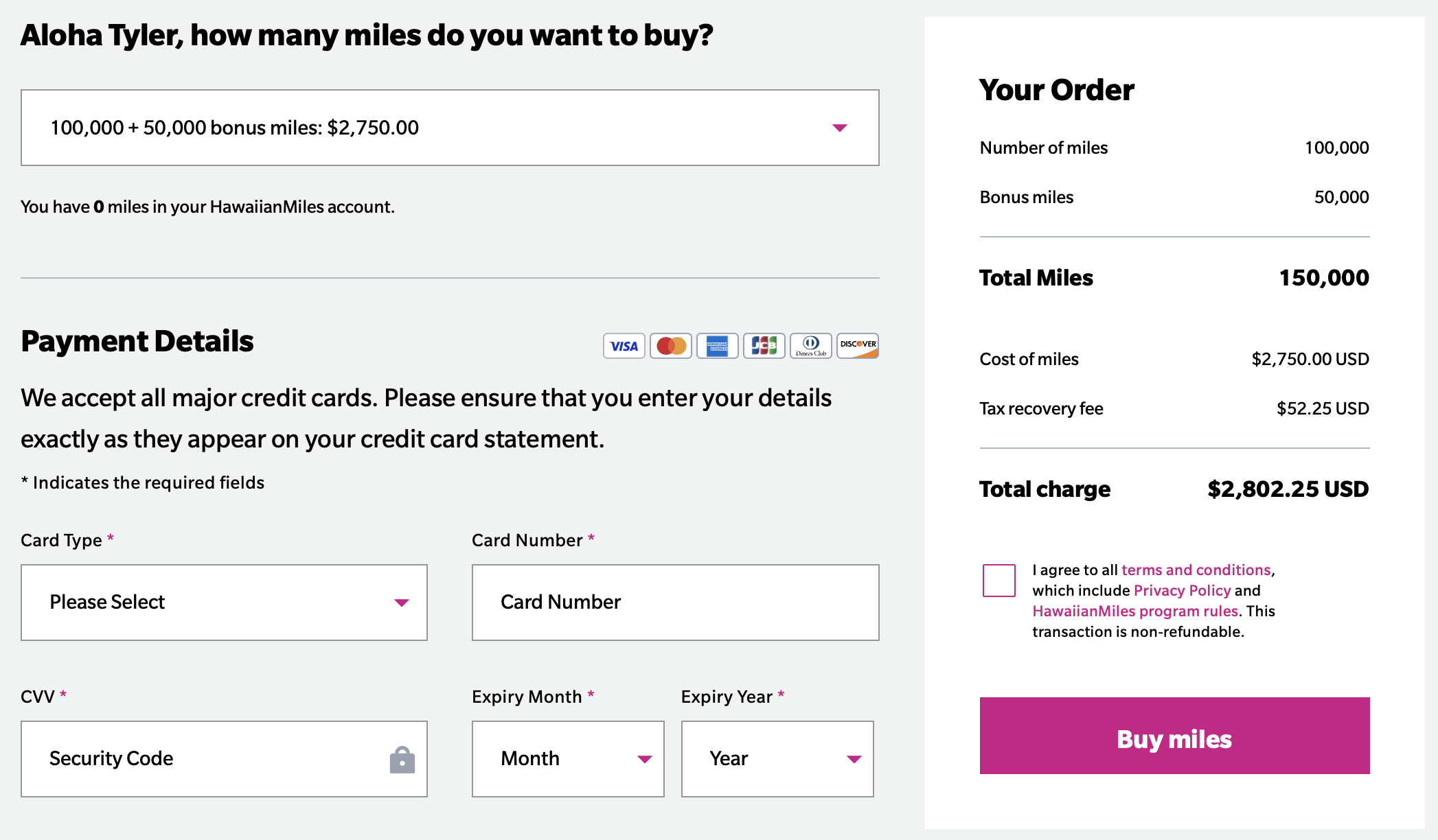 Hawaiian Airlines buy points receipt.
