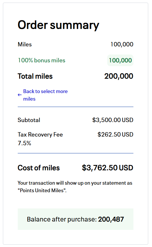 Buy United miles with a 100% bonus checkout page