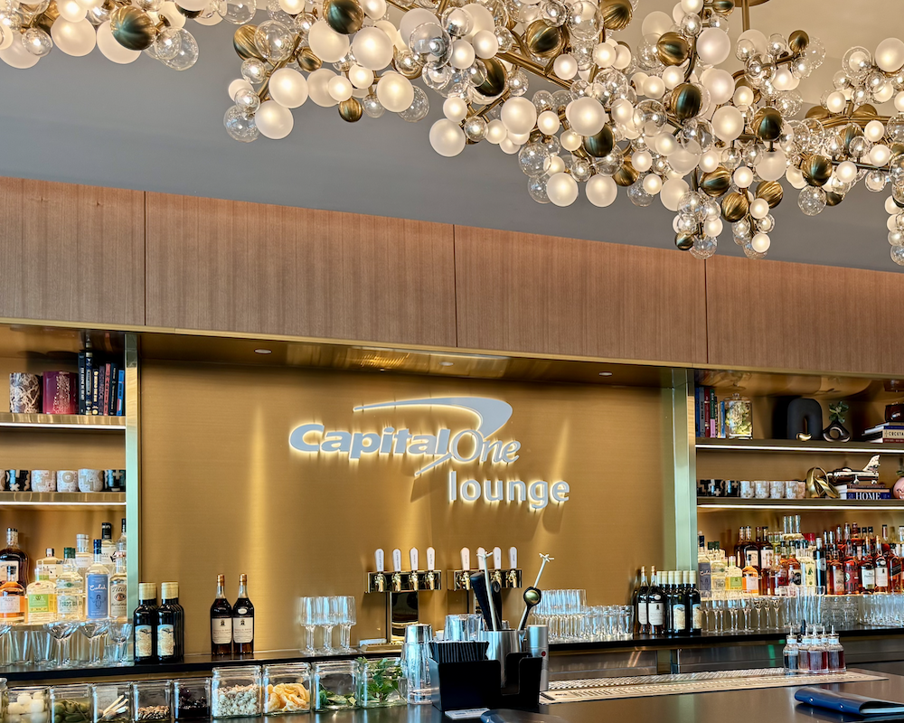Capital One Lounge at JFK bar and main light fixture.