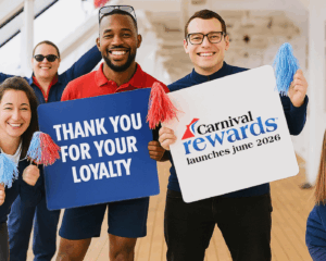 Image of Carnival crew members holding signs thanking you for your loyalty and announcing the Carnival Rewards program coming June 2026