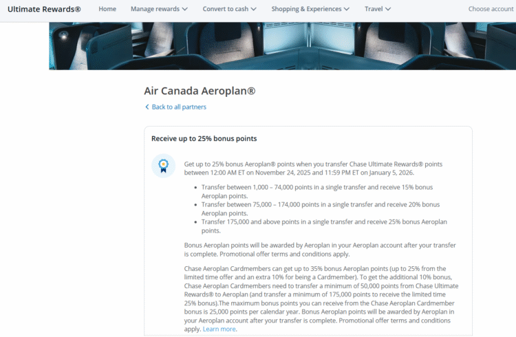 Chase to Air Canada Aeroplan transfer bonus terms.