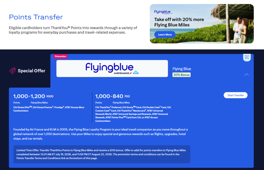 Screenshot showing details of Citi transfer bonus to Flying Blue