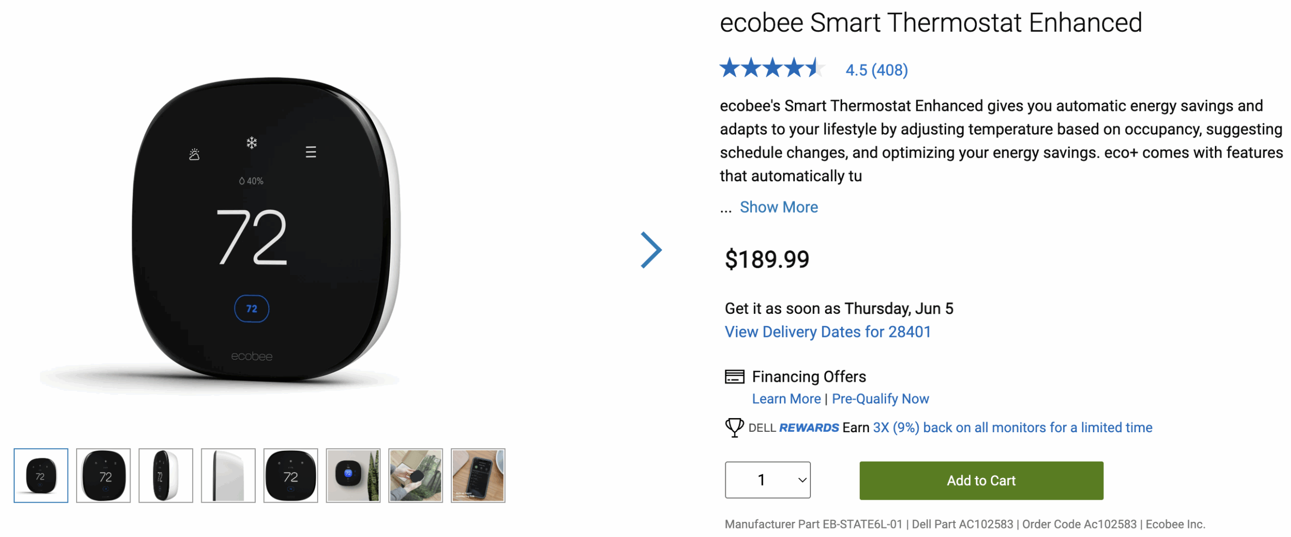 Dell listing for the ecobee Smart Thermostat Enhanced.