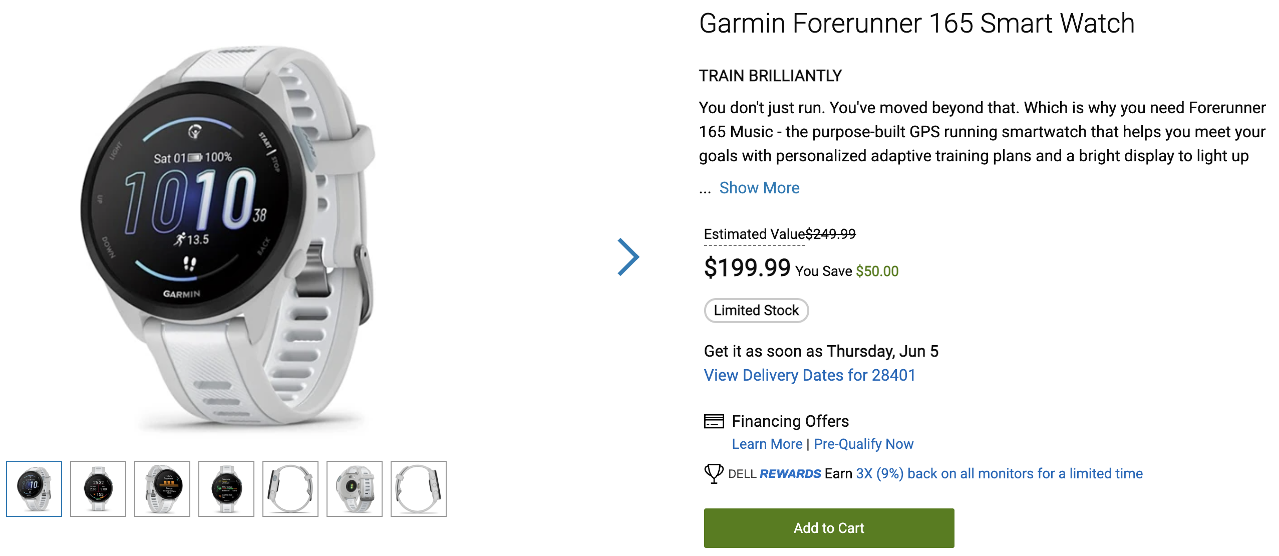 Dell listing for the Garmin Forerunner 165 Smart Watch.