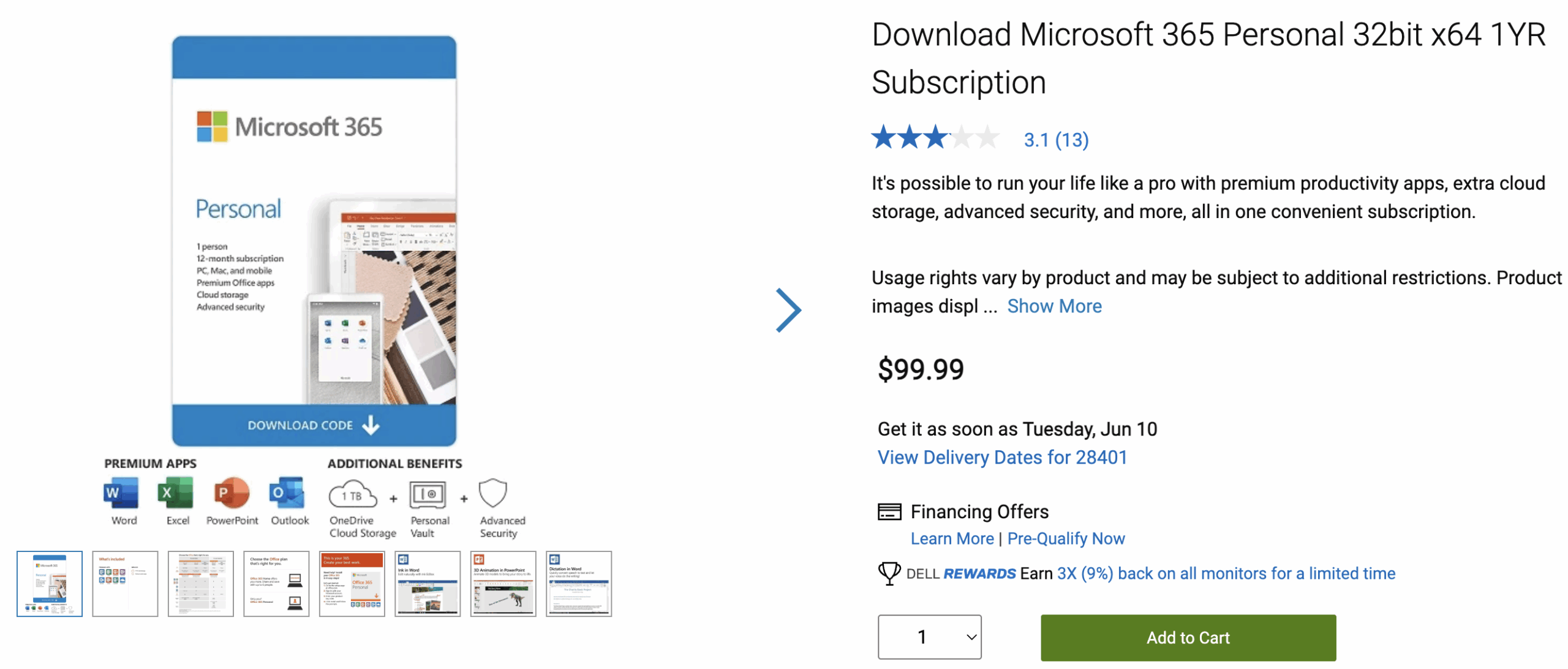 Dell listing for a one-year Microsoft 365 Subscription.