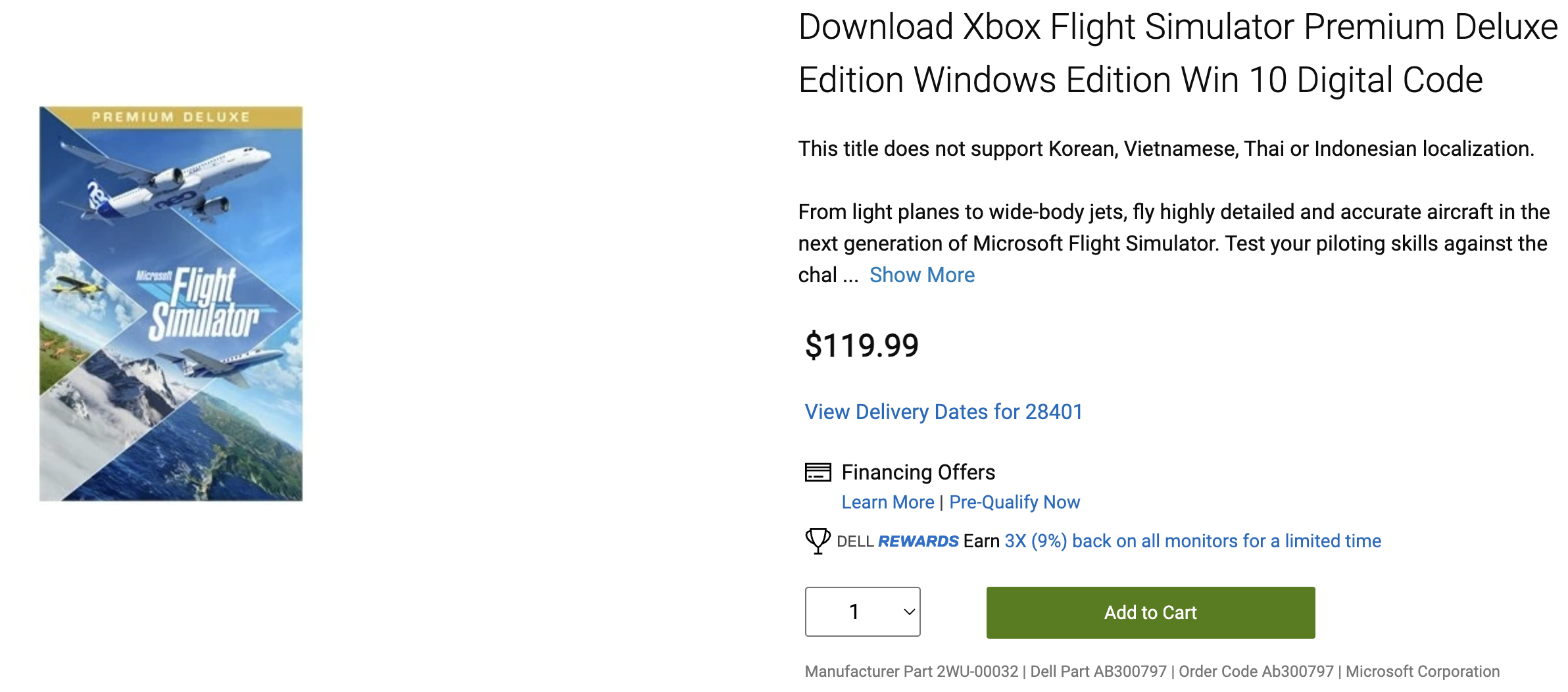Dell listing for a software download of Xbox Flight Simulator Premium Deluxe Edition Windows Edition.