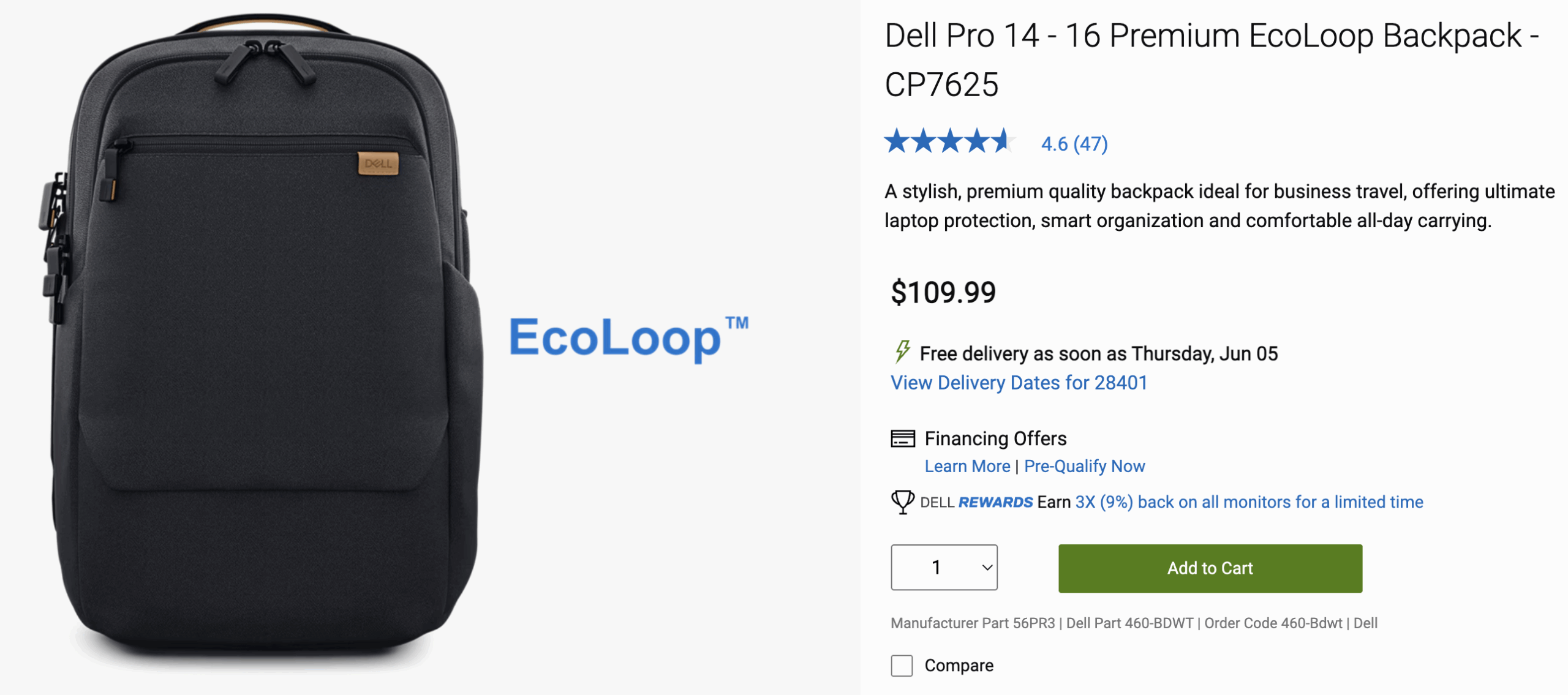 Dell listing for the Dell Pro 14 - 16 Premium EcoLoop Backpack - CP7625.