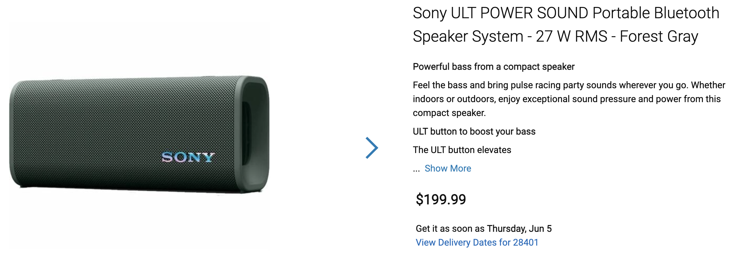Dell listing for the Sony ULT POWER SOUND Portable Bluetooth Speaker System - 27 W RMS - Forest Gray.