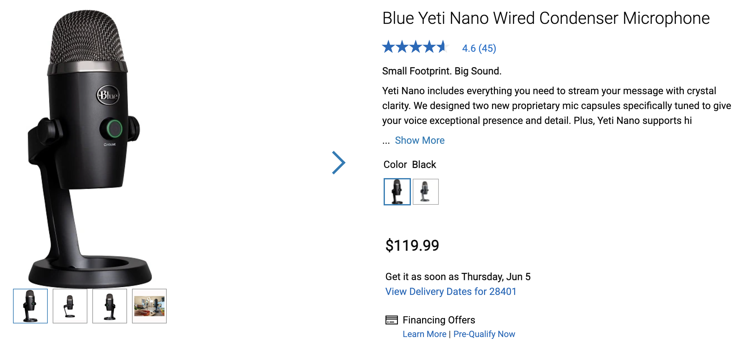 Dell listing for the Blue Yeti Nano Wired Condenser Microphone.